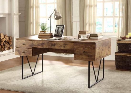 Contemporary Nutmeg Finish and Black Metal Writing Desk