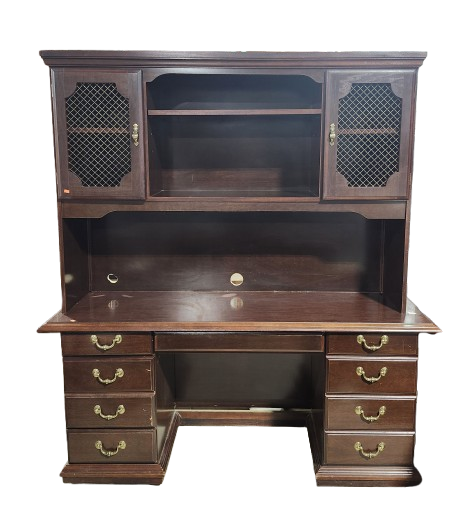 Preowned Mahogany Laminate Credenza Desk and Hutch