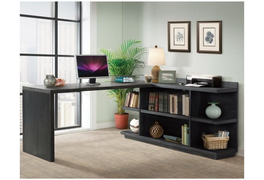 Return desk 28033 with Peninsula desk bookcase combo 28034-Brushed Acacia Finish