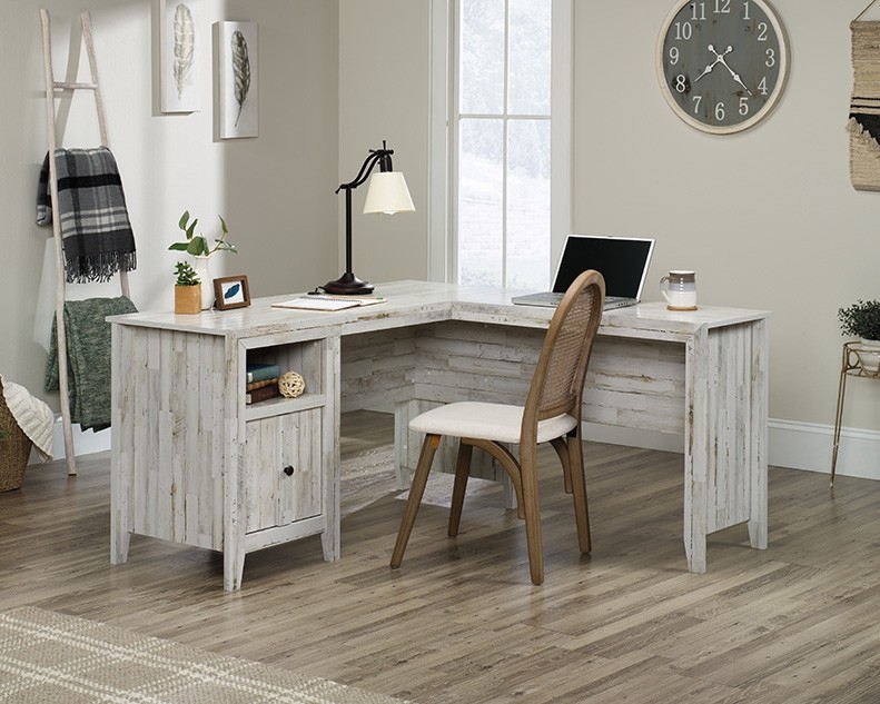 Dakota Pass Rustic L-Shaped Desk in White Plank by Sauder, 427566