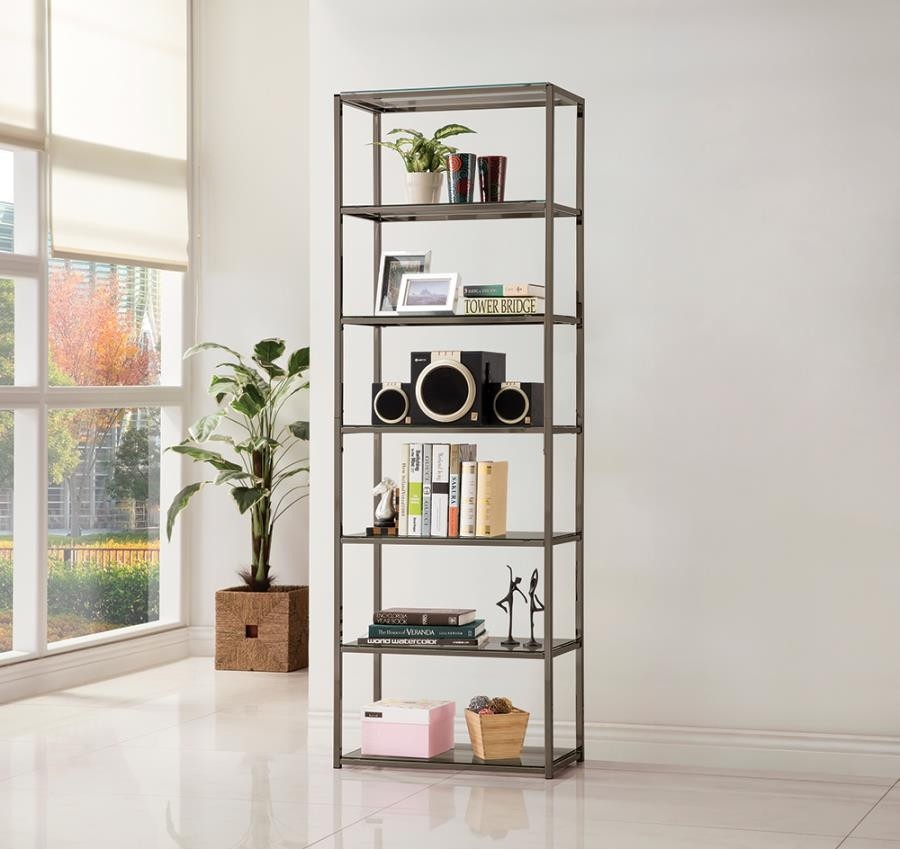Contemporary Metal Bookcase with Glass Shelves