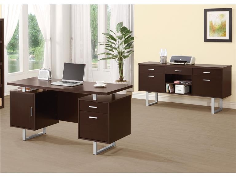  Glavan Contemporary Cappuccino Silver Wood Desk and Credenza