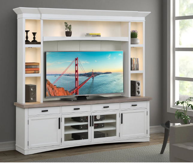 Americana Modern 92" TV Console with Hutch, Backpanel and LED Lights, Cotton