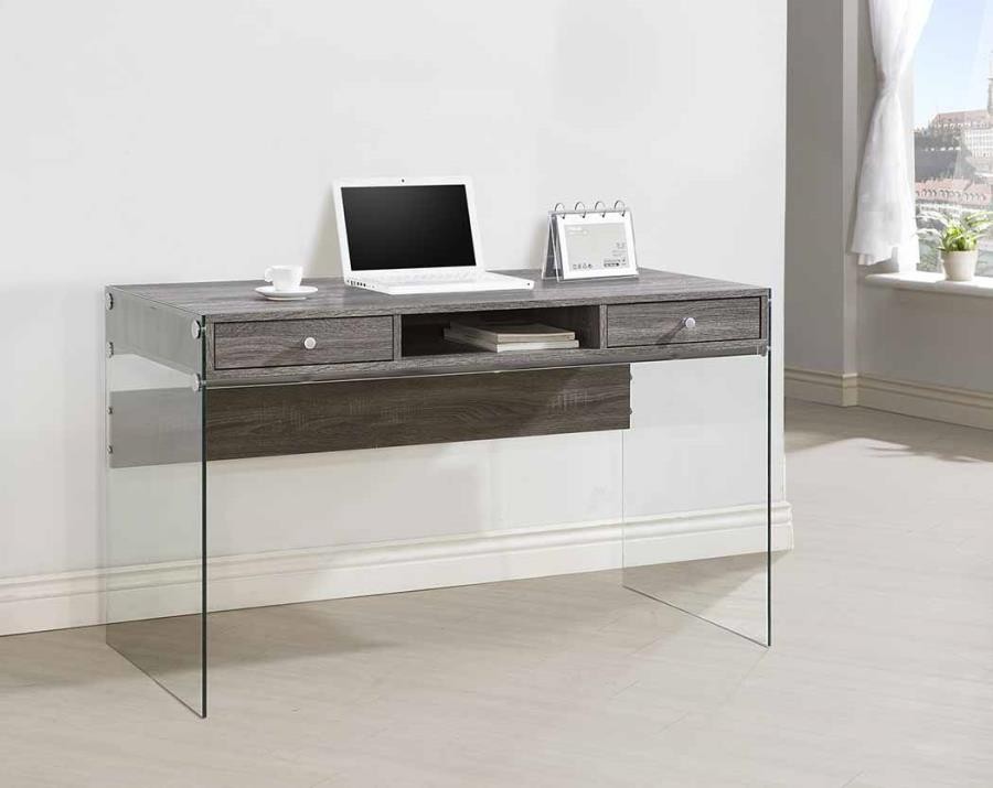 Contemporary Writing Desk in Weathered Grey, White or Glossy Black with Tempered Glass Side Panels