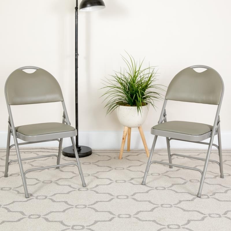 2-Pack HERCULES Series Ultra-Premium Triple Braced Gray Vinyl Metal Folding Chair with Easy-Carry Handle