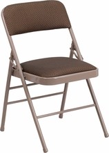 TRIPLE BRACED BROWN FABRIC UPHOLSTERED METAL FOLDING CHAIR