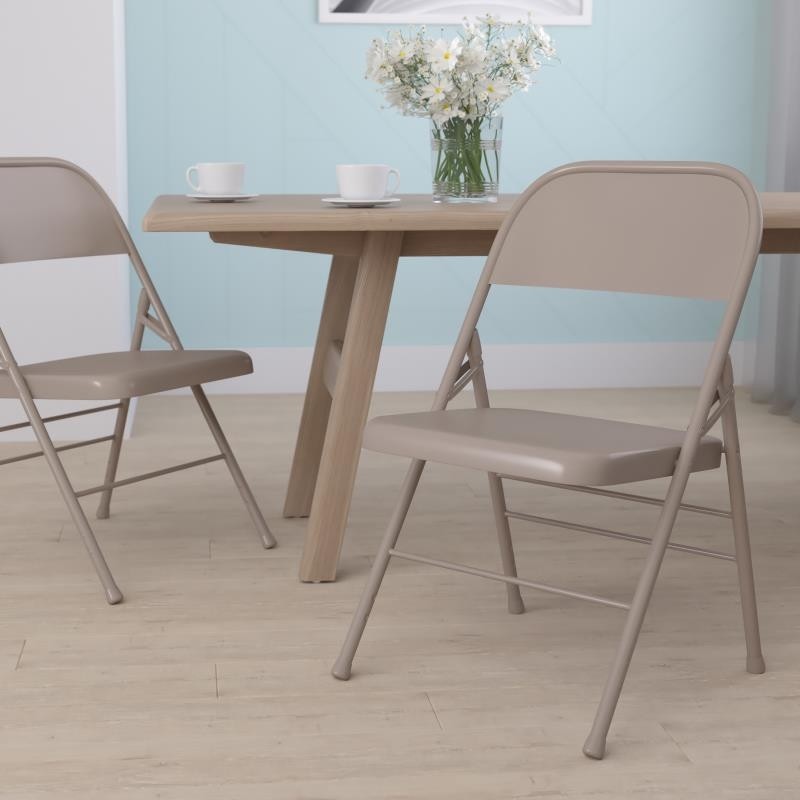 Set of 2 - TRIPLE BRACED & DOUBLE HINGED BEIGE METAL FOLDING CHAIR