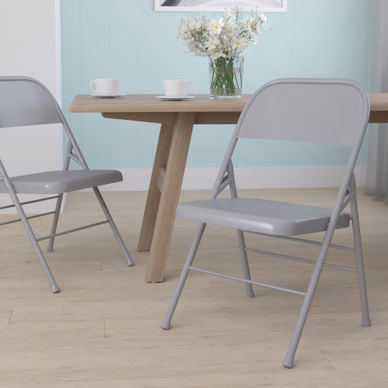 Set of 2 - HERCULES Series Triple Braced & Double Hinged Gray Metal Folding Chair