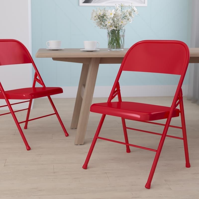 Set of 2 - HERCULES Series Triple Braced & Double Hinged Red Metal Folding Chair