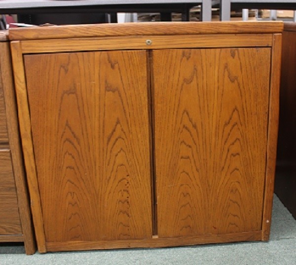 Used Oak Finish Locking Storage Cabinet