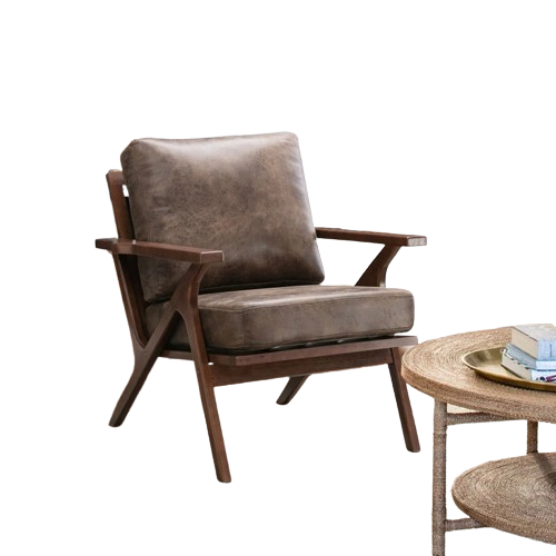 Wood and Vegan Leather Retro Accent Chair, Pewter