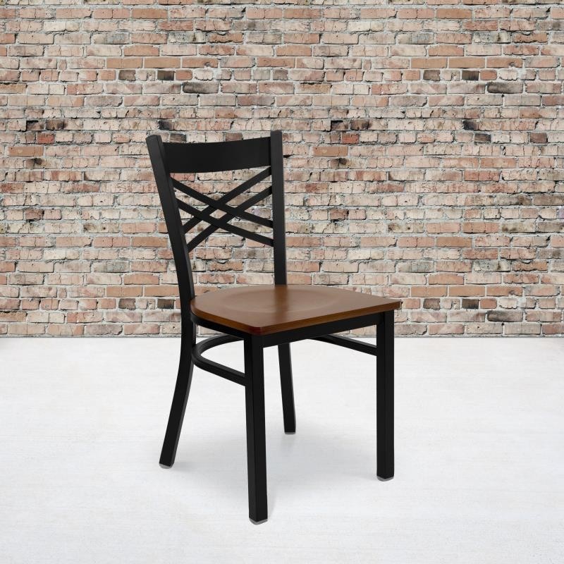 HERCULES Series Black ''X'' Back Metal Restaurant Chair - Cherry Wood Seat