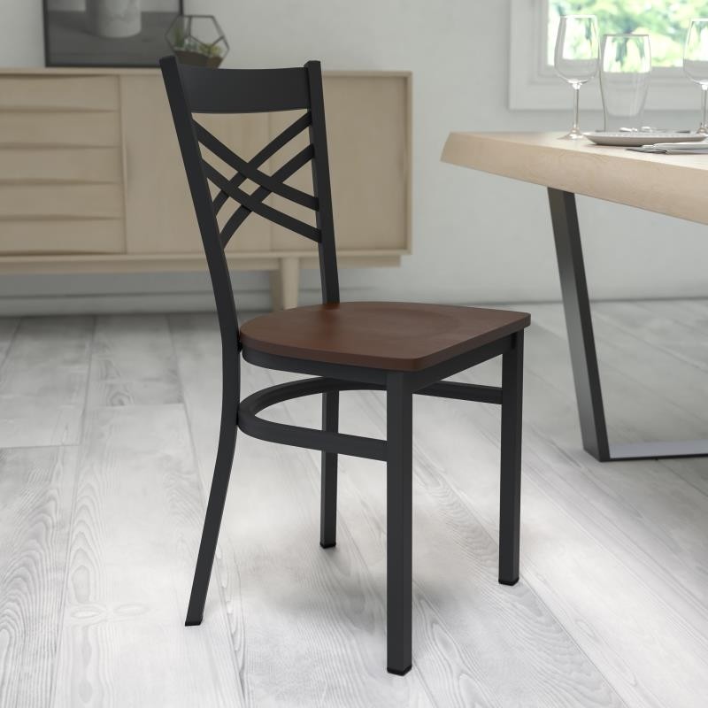 HERCULES Series Black ''X'' Back Metal Restaurant Chair - Mahogany Wood Seat