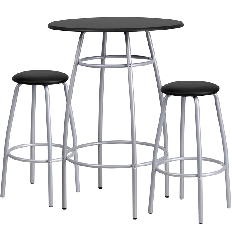 Round 30" Bar Height Silver/Black Top Table W/2 Stools