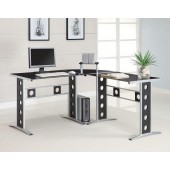 Modern L Shape Desk with Silver Frame & Black Glass