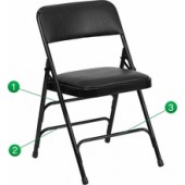 CURVED TRIPLE BRACED & QUAD HINGED BLACK VINYL UPHOLSTERED METAL FOLDING CHAIR