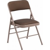 TRIPLE BRACED BROWN FABRIC UPHOLSTERED METAL FOLDING CHAIR