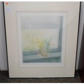 **** S O L D Framed Art - Watercolor of Plant in Windowsill