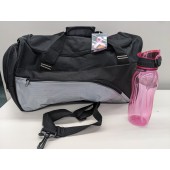 Black and Gray Gym Bag with Pink Water Bottle