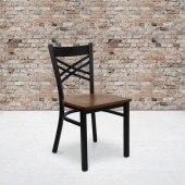 HERCULES Series Black ''X'' Back Metal Restaurant Chair - Cherry Wood Seat