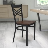 HERCULES Series Black ''X'' Back Metal Restaurant Chair - Mahogany Wood Seat