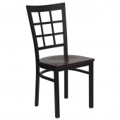 HERCULES Series Black Window Back Metal Restaurant Chair - Mahogany Wood Seat 