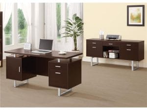 Lawtey Contemporary Cappuccino Silver Wood Desk and Credenza
