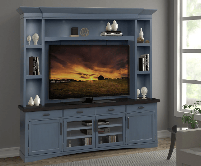 Americana Modern 92" TV Console with Hutch, Backpanel and LED Lights, Denim