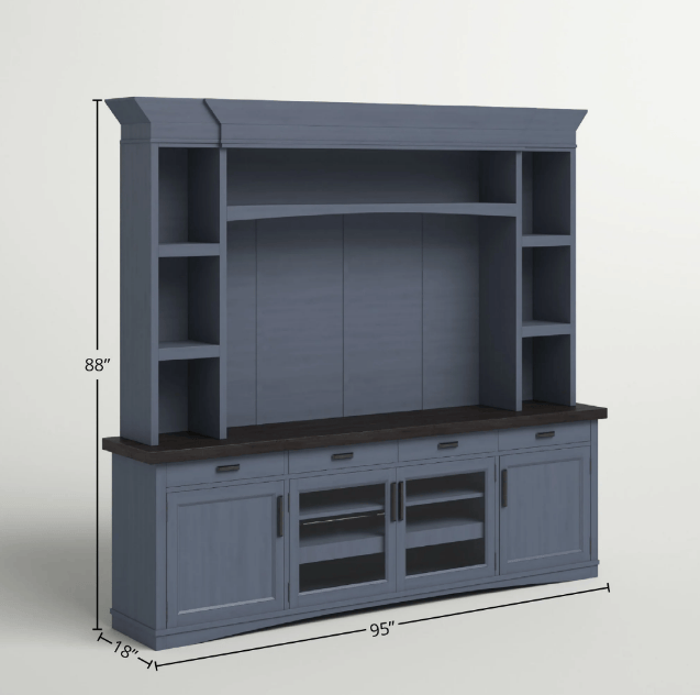 Americana Modern 92" TV Console with Hutch, Backpanel and LED Lights, Denim