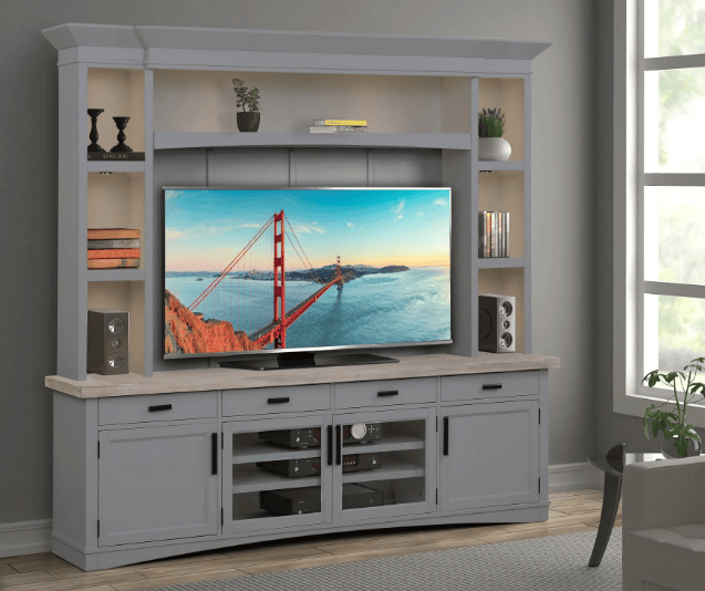 Americana Modern 92" TV Console with Hutch, Backpanel and LED Lights, Dove