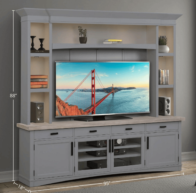 Americana Modern 92" TV Console with Hutch, Backpanel and LED Lights, Dove
