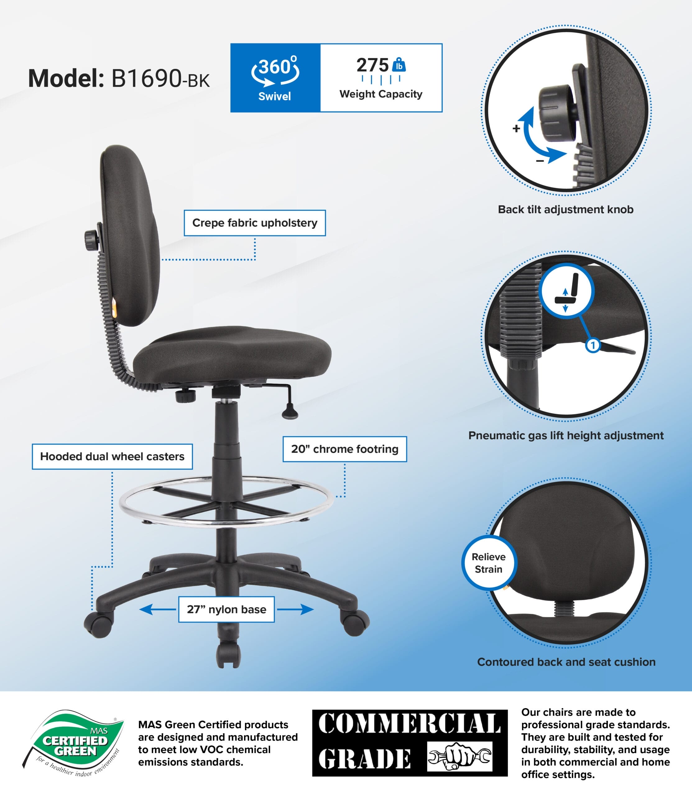 Boss Stand Up Drafting Stool W/Foot Rest