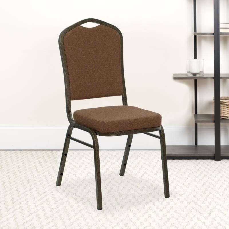 HERCULES Series Crown Back Stacking Banquet Chair in Coffee Fabric - Gold Vein Frame