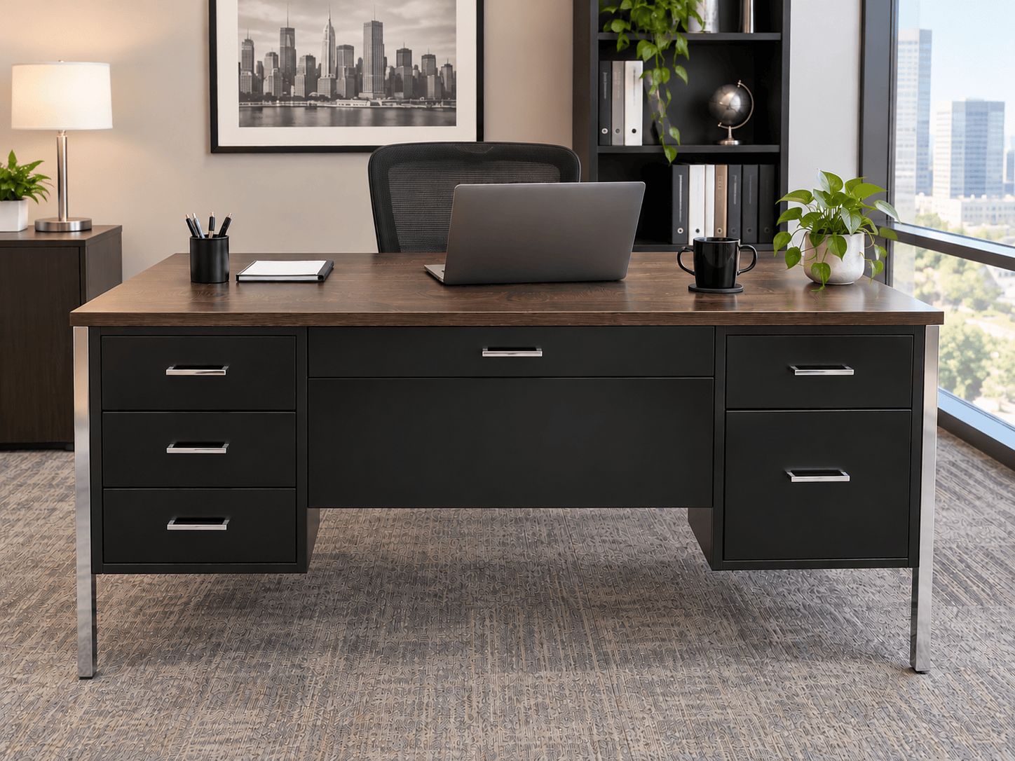Black Metal Pedestal Desk
